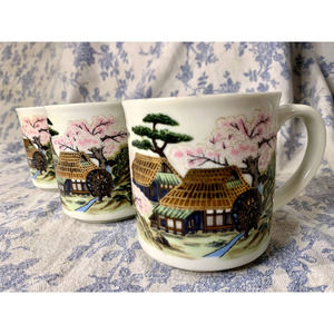 Set of 3 Vintage Handpainted Japanese Cherry Blossom Porcelain Mugs